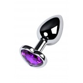 Серебристая коническая анальная пробка с фиолетовым кристаллом-сердечком - 7 см. - ToyFa - купить с доставкой в Саратове