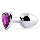 Серебристая анальная пробка с фиолетовым кристаллом-сердечком - 8 см. - Anal Jewelry Plug - купить с доставкой в Саратове