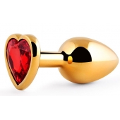 Золотистая анальная пробка с красным стразом-сердечком - 8 см. - Anal Jewelry Plug - купить с доставкой в Саратове
