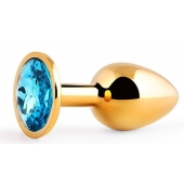Золотистая анальная пробка с голубым стразом - 7,2 см. - Anal Jewelry Plug - купить с доставкой в Саратове