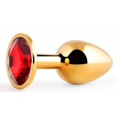 Золотистая анальная пробка с красным стразом - 7,2 см. - Anal Jewelry Plug - купить с доставкой в Саратове