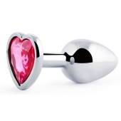Серебристая анальная пробка с розовым кристаллом-сердечком - 7 см. - Anal Jewelry Plug - купить с доставкой в Саратове