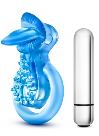 Голубое эрекционное виброкольцо 10 Function Vibrating Tongue Ring - Blush Novelties - в Саратове купить с доставкой