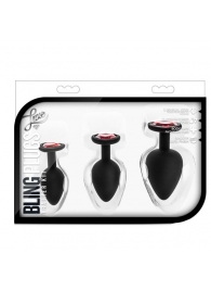 Набор черных анальных пробок с красным кристаллом-сердечком Bling Plugs Training Kit - Blush Novelties - купить с доставкой в Саратове