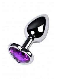 Серебристая коническая анальная пробка с фиолетовым кристаллом-сердечком - 7 см. - ToyFa - купить с доставкой в Саратове