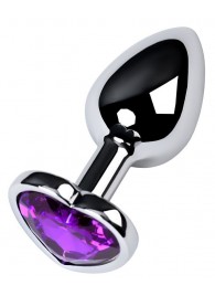 Серебристая коническая анальная пробка с фиолетовым кристаллом-сердечком - 7 см. - ToyFa - купить с доставкой в Саратове
