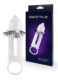 Эластичная насадка на пенис с подхватом мошонки и стимулирующими «ресничками» - Sextaz - в Саратове купить с доставкой