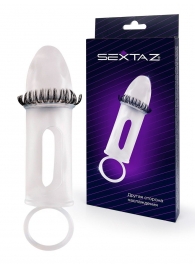 Закрытая насадка на пенис с подхватом мошонки и стимулирующими «ресничками» - Sextaz - в Саратове купить с доставкой