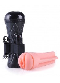 Телесный мастурбатор-вагина в черной колбе с вибрацией - Boys of Toys - в Саратове купить с доставкой