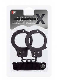 Чёрные наручники из листового металла в комплекте с веревкой BONDX METAL CUFFS LOVE ROPE SET - Dream Toys - купить с доставкой в Саратове