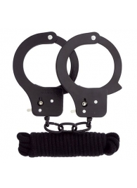 Чёрные наручники из листового металла в комплекте с веревкой BONDX METAL CUFFS LOVE ROPE SET - Dream Toys - купить с доставкой в Саратове