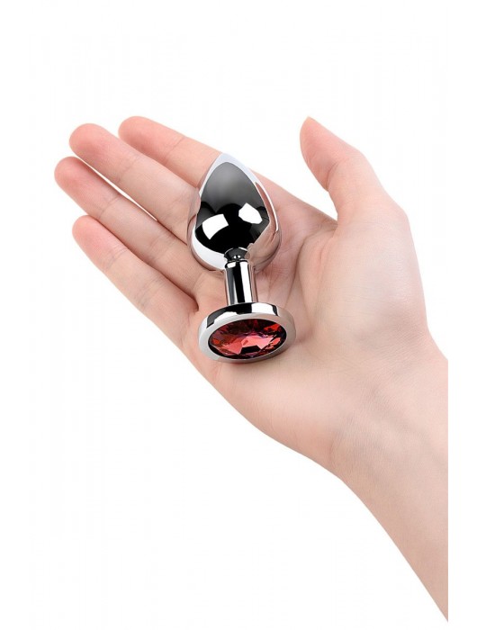 Серебристая коническая анальная пробка с красным кристаллом - 8 см. - ToyFa - купить с доставкой в Саратове