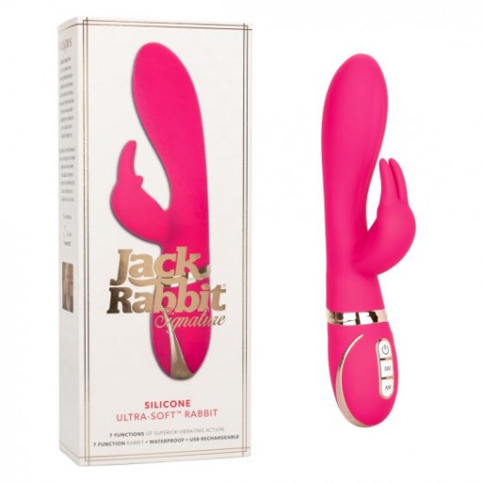 Розовый силиконовый вибратор с клиторальным отростком Signature Silicone Ultra-Soft Rabbit - 22,75 см. - California Exotic Novelties