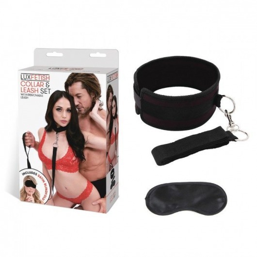 Черный ошейник с длинным поводком Collar and Leash Set - Lux Fetish - купить с доставкой в Саратове