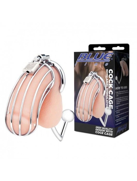 Серебристая металлическая клетка с анальным стимулятором Cock Cage - BlueLine - купить с доставкой в Саратове
