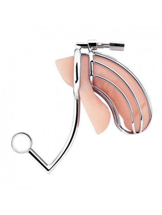 Серебристая металлическая клетка с анальным стимулятором Cock Cage - BlueLine - купить с доставкой в Саратове