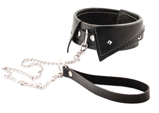 Черный ошейник-воротничок с металлическим поводком - Crazy Handmade - купить с доставкой в Саратове Черный ошейник-воротничок с металлическим поводком - Crazy Handmade - купить с доставкой в Саратове
