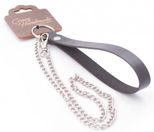 Серебристый металлический поводок с кожаной черной ручкой - 80 см. - Crazy Handmade - купить с доставкой в Саратове