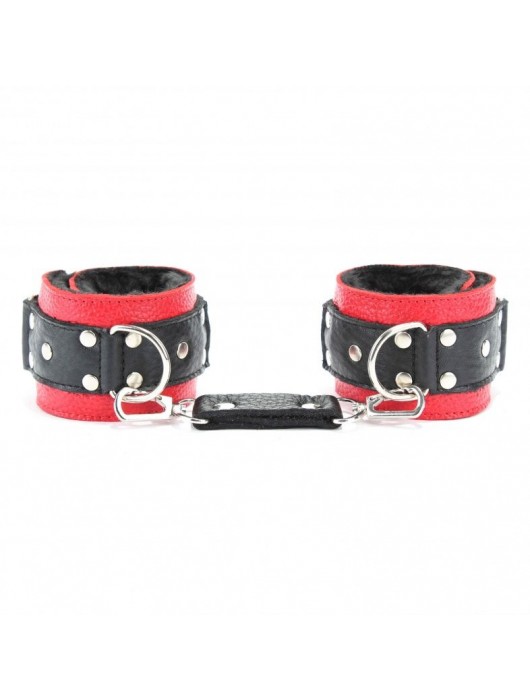 Красно-чёрные кожаные наручники с меховым подкладом - БДСМ Арсенал - купить с доставкой в Саратове