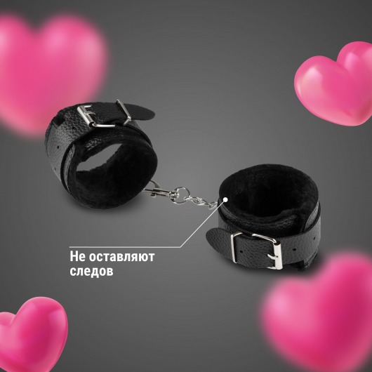 Черные наручники из эко-кожи с мехом - Волшебная страна - купить с доставкой в Саратове