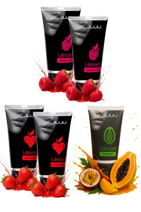 Набор из 5 съедобных лубрикантов JUJU (клубника х 2, малина х 2, тропические фрукты) - JuJu - купить с доставкой в Саратове