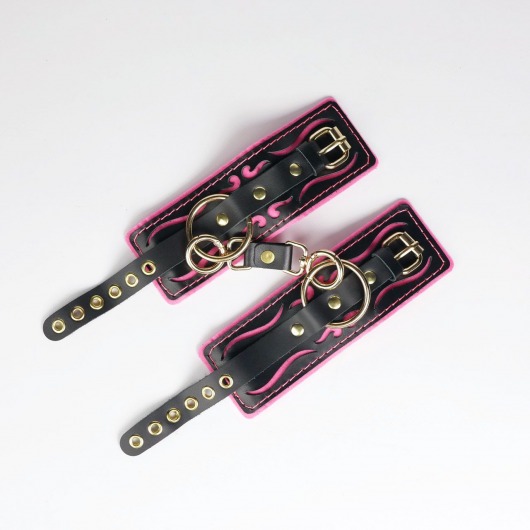 Черные кожаные наручники с розовой строчкой - Crazy Handmade - купить с доставкой в Саратове Черные кожаные наручники с розовой строчкой - Crazy Handmade - купить с доставкой в Саратове