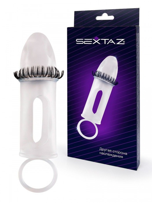 Закрытая насадка на пенис с подхватом мошонки и стимулирующими «ресничками» - Sextaz - в Саратове купить с доставкой