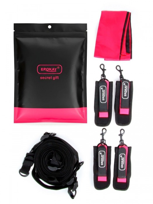 Черно-розовый эротический набор: фиксатор, оковы, наручники, повязка - Erokay - купить с доставкой в Саратове