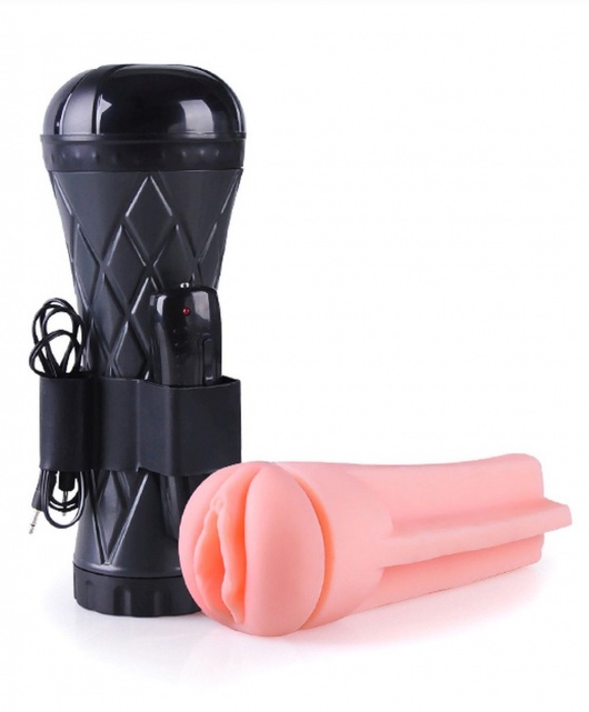 Телесный мастурбатор-вагина в черной колбе с вибрацией - Boys of Toys - в Саратове купить с доставкой