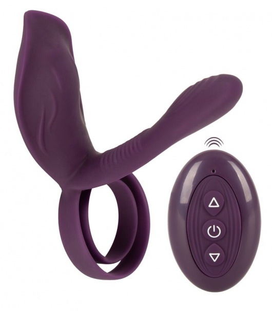 Фиолетовая насадка на член с клиторальным отростком и пультом ДУ RC Couple’s Vibrator 2 - Orion - в Саратове купить с доставкой